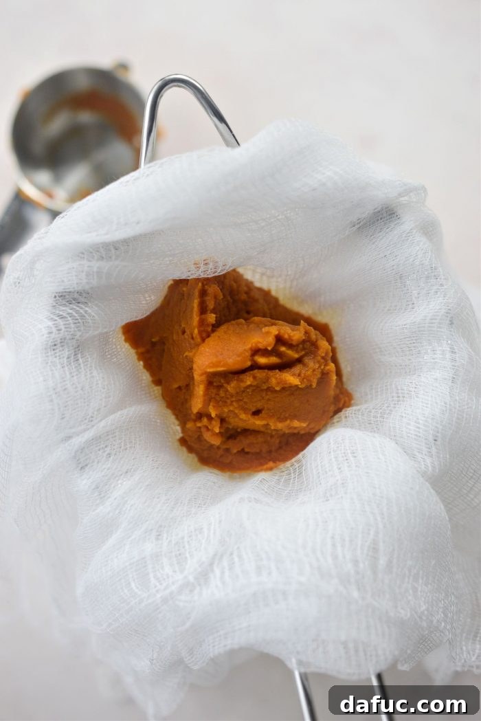 Spiced Pumpkin Pecan Brownies 5 Pumpkin puree in cheesecloth