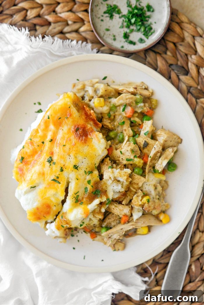 Delicious Leftover Turkey Shepherd's Pie Casserole, perfect for post-Thanksgiving meals