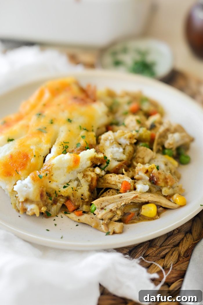 Leftover Turkey Shepherd's Pie Casserole showcasing its layered goodness of turkey, stuffing, and mashed potatoes