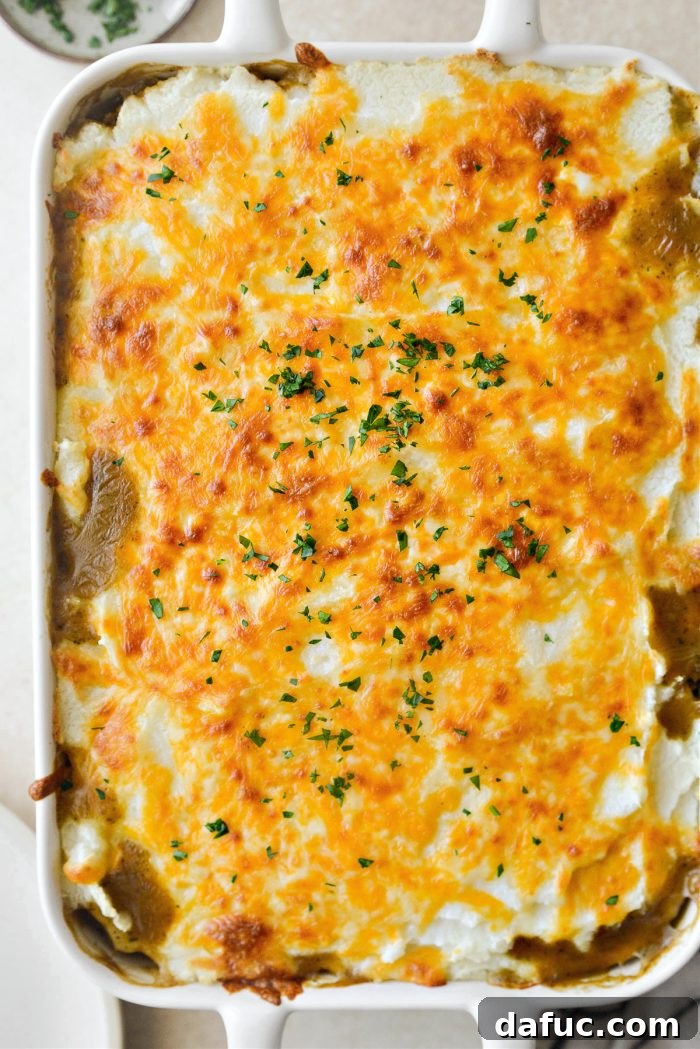 Baked Leftover Turkey Shepherd's Pie Casserole, golden brown and bubbly from the oven