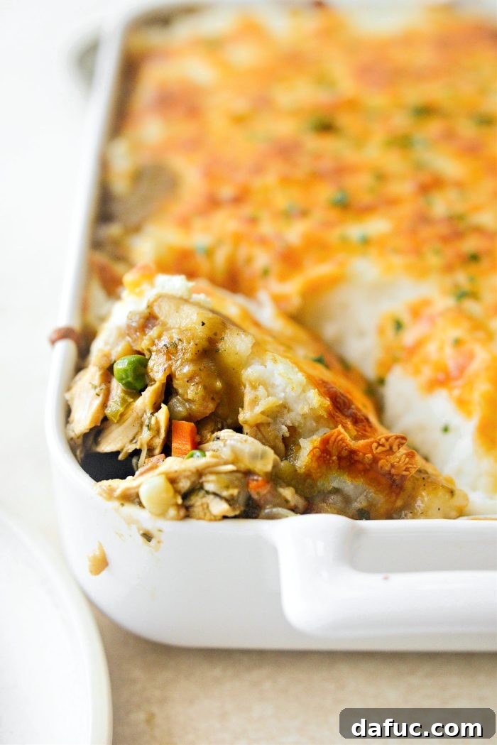 Leftover Turkey Shepherd's Pie Casserole, freshly baked and ready to be enjoyed
