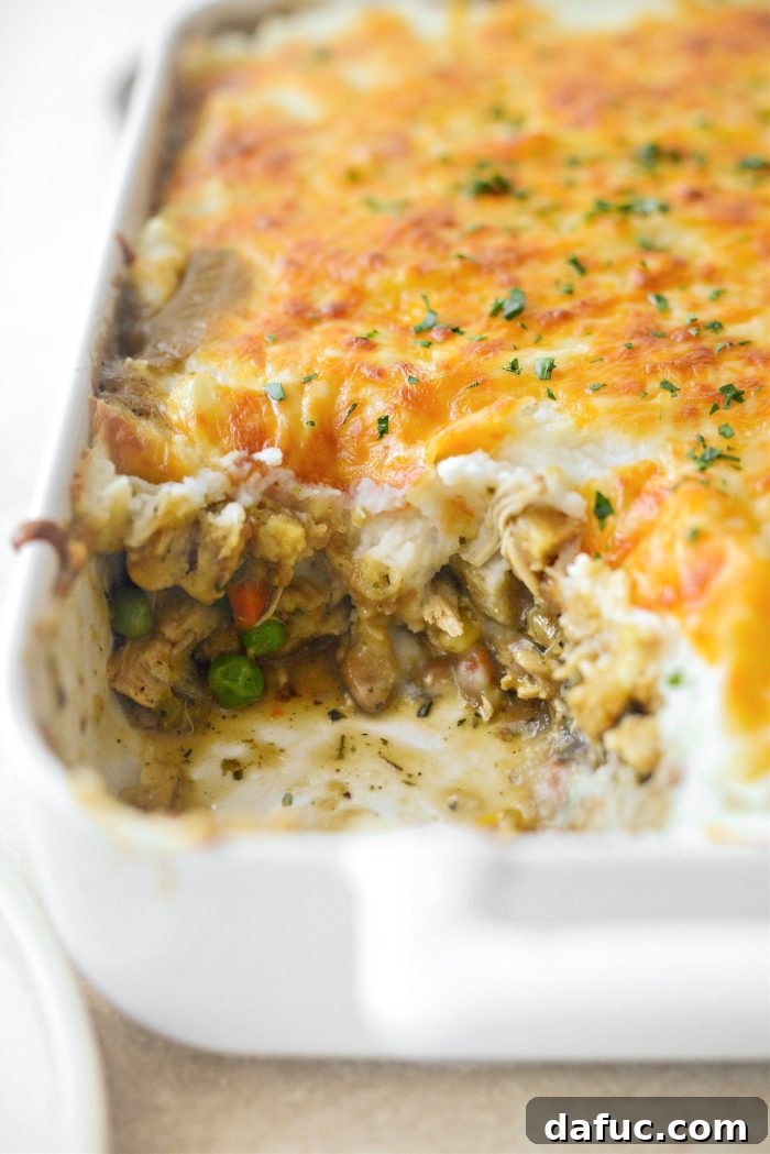 A whole Leftover Turkey Shepherd's Pie Casserole, a comforting and hearty meal for the family