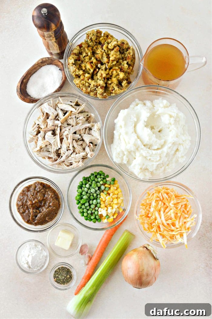 Ingredients laid out on a counter for making Leftover Turkey Shepherd's Pie from scratch