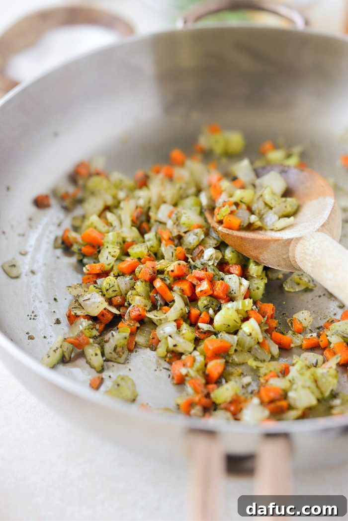 Fragrant sautéed vegetables with herbs and garlic, ready for the next step of the filling