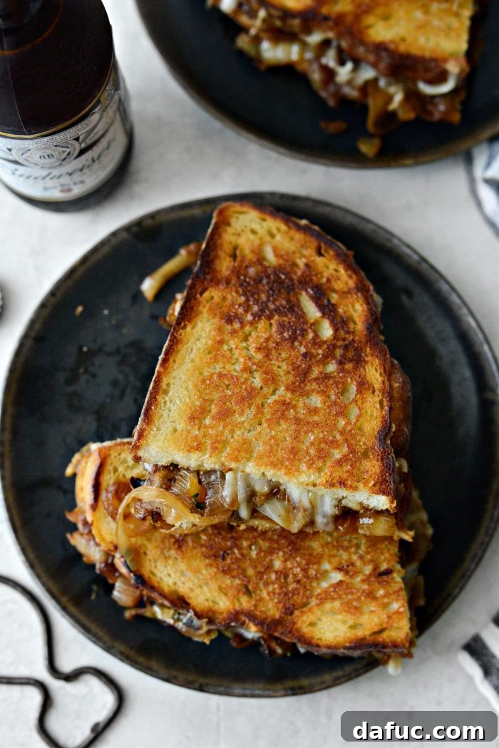 Close-up of a French Onion Soup Grilled Cheese Sandwich