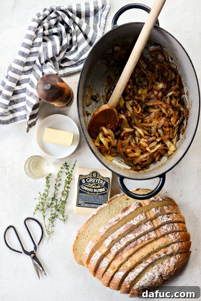Ingredients laid out for French Onion Soup Grilled Cheese Sandwich
