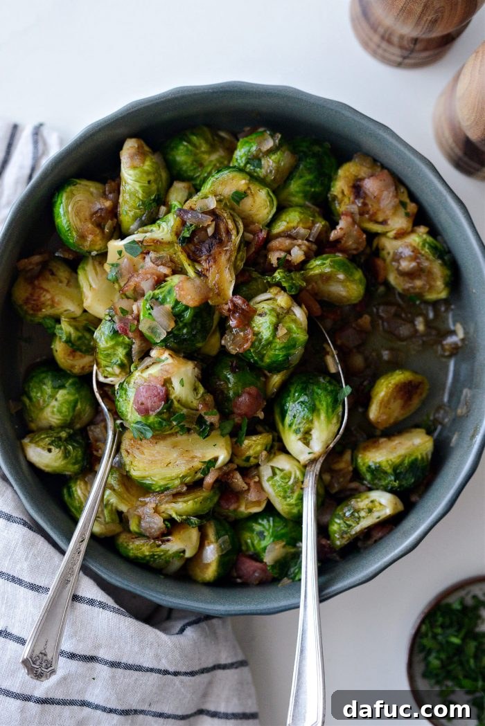 Decadent Maple Bourbon Bacon Brussels 2 Maple Bourbon Bacon Brussels Sprouts: A close-up of the finished dish, showcasing crispy bacon and caramelized sprouts.
