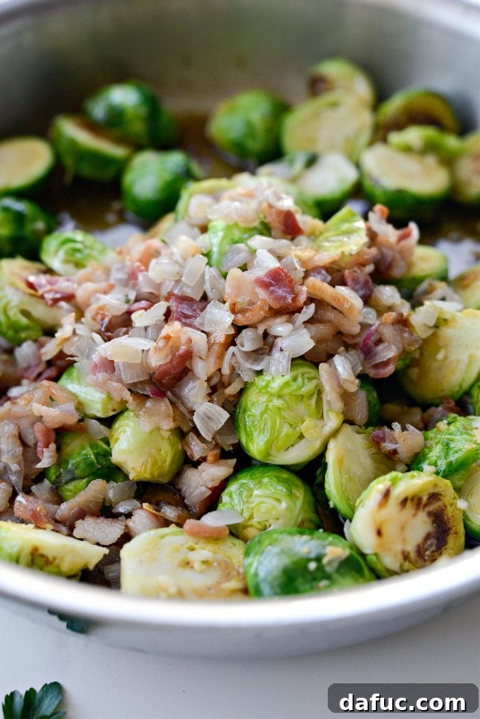 Decadent Maple Bourbon Bacon Brussels 15 Brussels sprouts, bacon, and shallots added back into the pan with the maple bourbon glaze.