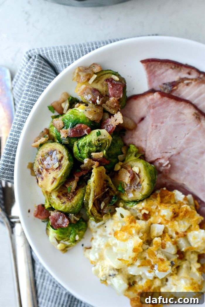 Decadent Maple Bourbon Bacon Brussels 20 A final close-up shot of the Maple Bourbon Bacon Brussels Sprouts, showcasing the appetizing texture and glaze.