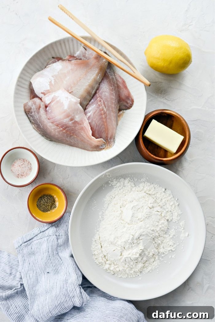 Pan-Seared Perch with Lemon Brown Butter 4 Ingredients for Lemon Brown Butter Perch laid out