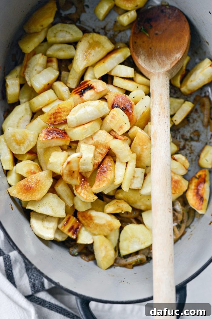 Golden Roasted Parsnip Puree 14 Roasted parsnips and peeled garlic cloves added to the Dutch oven with sautéed onions and herbs.