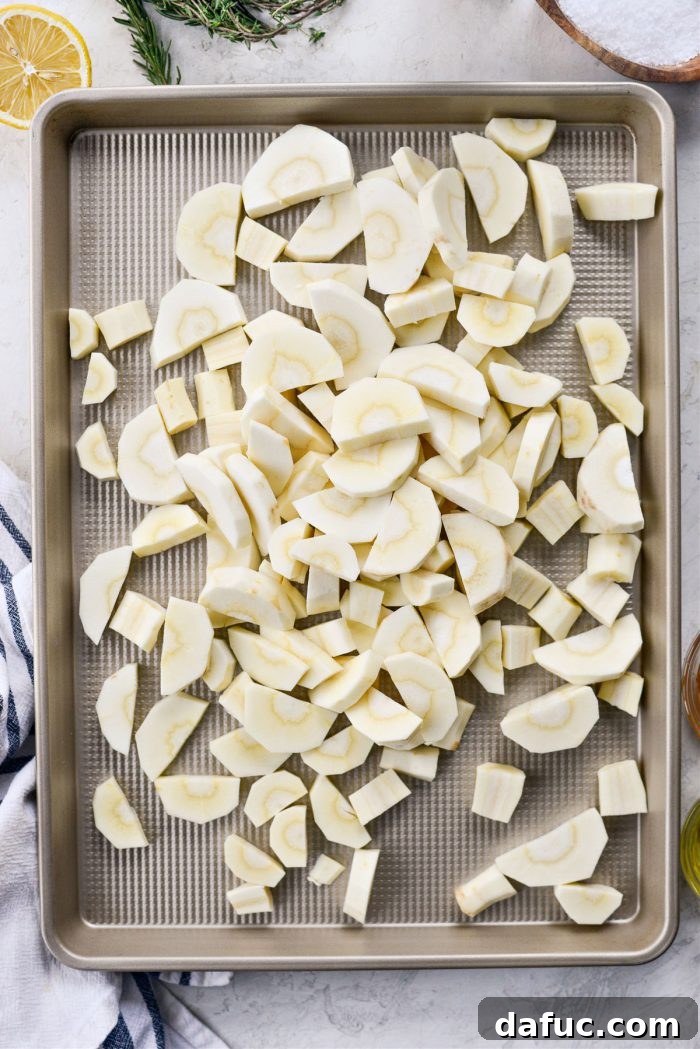 Golden Roasted Parsnip Puree 5 Peeled and chopped parsnips ready for roasting.