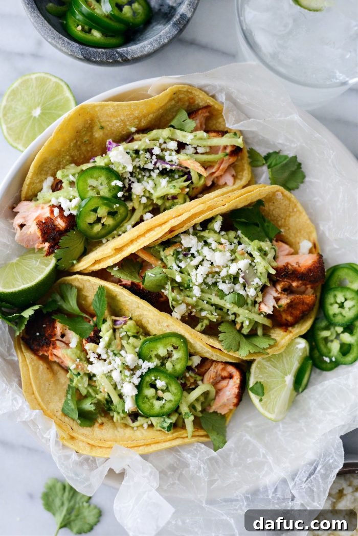 Spicy Salmon Street Tacos 2 Delicious Blackened Salmon Tacos with fresh toppings