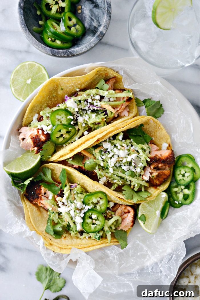 Spicy Salmon Street Tacos 16 Assembled Blackened Salmon Tacos ready to be served