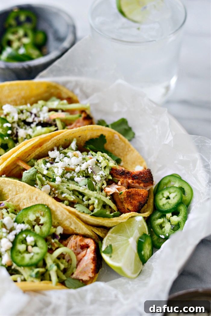 Spicy Salmon Street Tacos 17 Platter of Blackened Salmon Tacos with lime wedges and cilantro