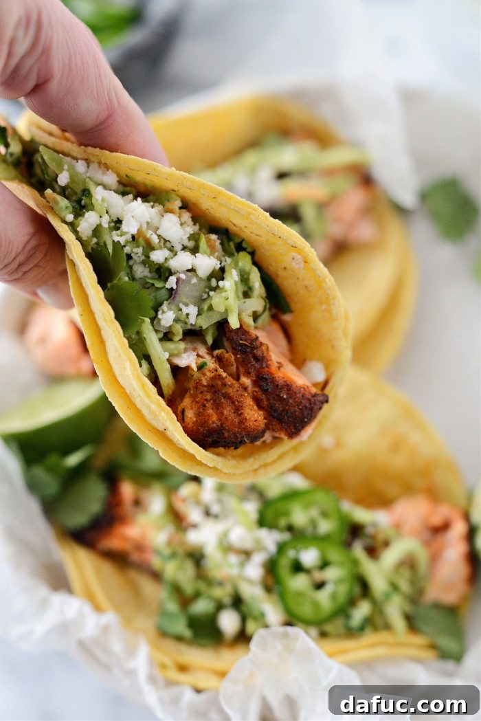 Spicy Salmon Street Tacos 19 Final presentation of Blackened Salmon Tacos on a serving board