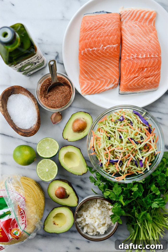 Spicy Salmon Street Tacos 4 Ingredients laid out for Blackened Salmon Tacos and avocado slaw