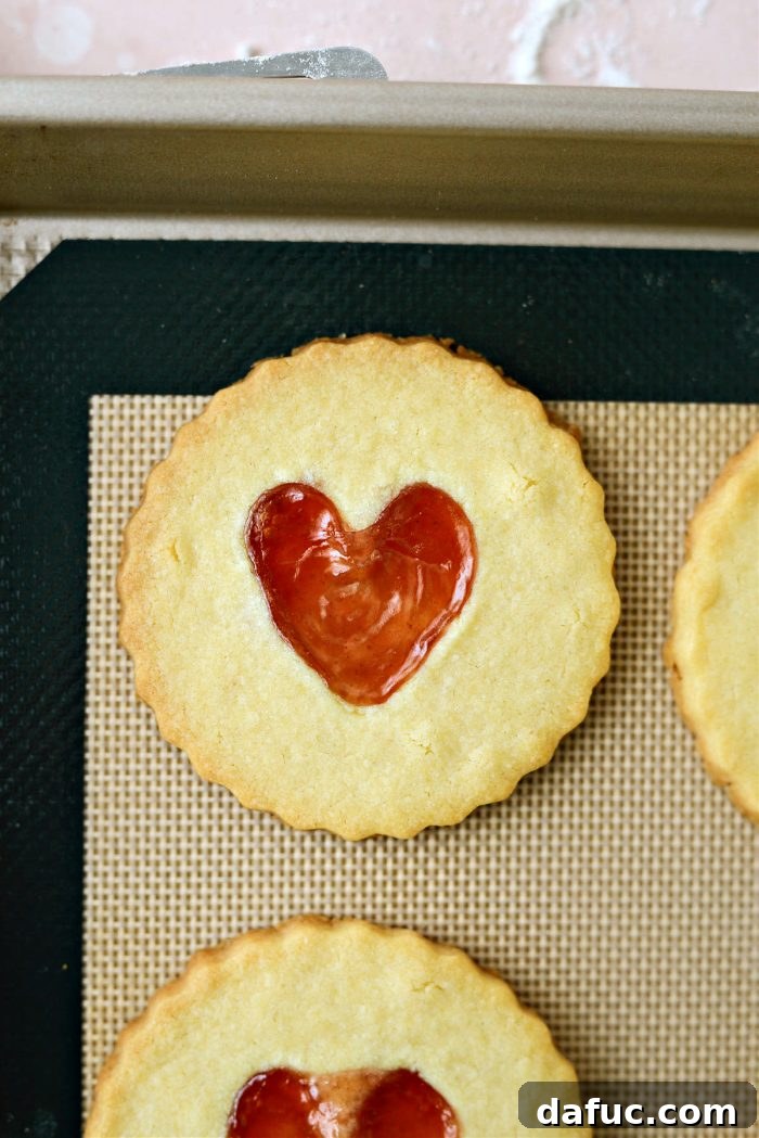 Jam Filled Butter Heart Cookies 17 A charming close-up view of a selection of freshly baked Jam Heart Butter Cookies, highlighting their adorable appearance and the inviting texture of the jam.