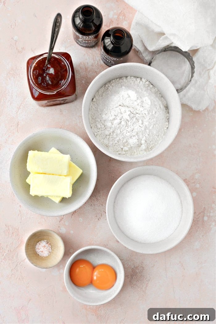 Jam Filled Butter Heart Cookies 4 Essential ingredients for Jam Heart Butter Cookies laid out neatly: softened butter, granulated sugar, and fine sea salt, ready for mixing.