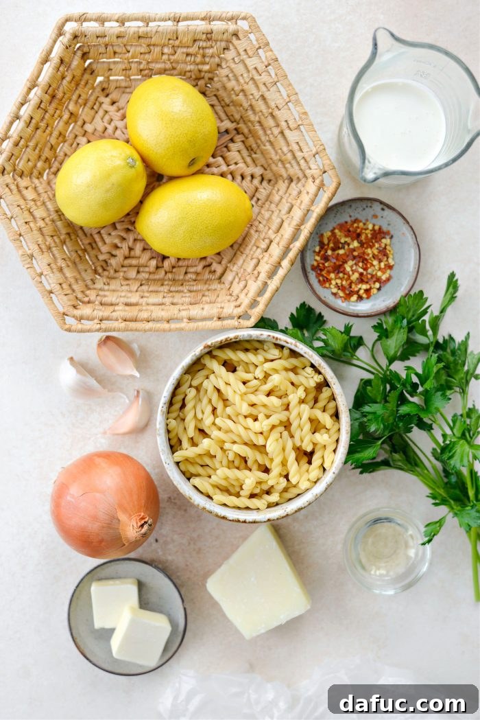 Velvety Lemon Parmesan Pasta 4 Ingredients for Creamy Lemon Parmesan Pasta laid out on a table