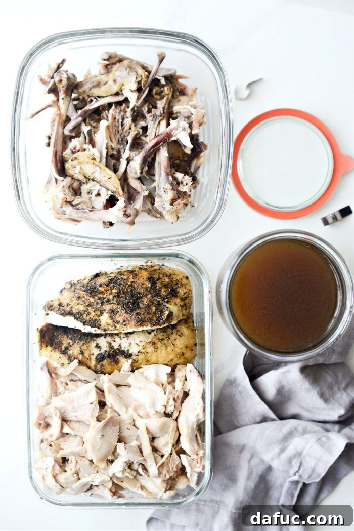 Fall-Off-The-Bone Slow Cooker Chicken 16 Collection of saved chicken bones, meat, and stock