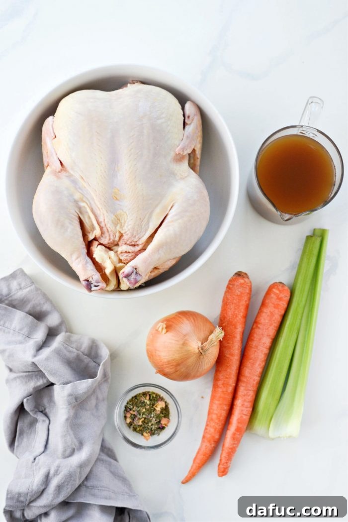 Fall-Off-The-Bone Slow Cooker Chicken 4 Fresh ingredients laid out for slow cooker whole chicken