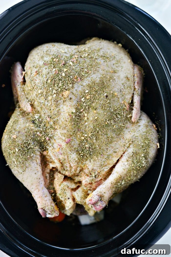 Fall-Off-The-Bone Slow Cooker Chicken 8 Poultry seasoning sprinkled over the whole chicken