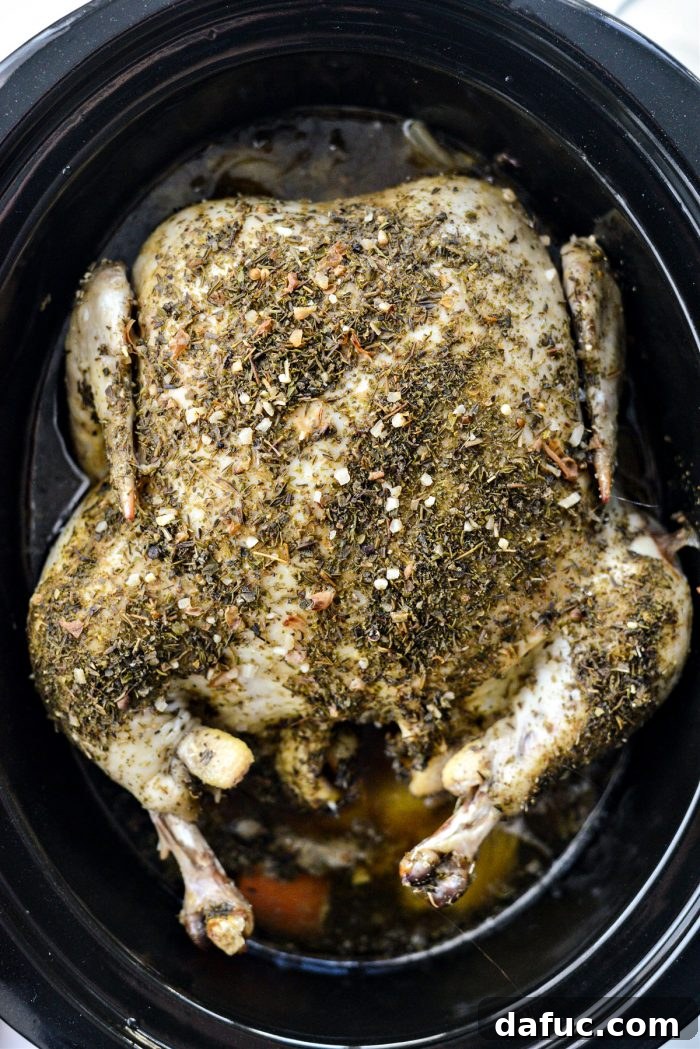 Fall-Off-The-Bone Slow Cooker Chicken 10 Cooked slow cooker whole chicken, ready to be removed