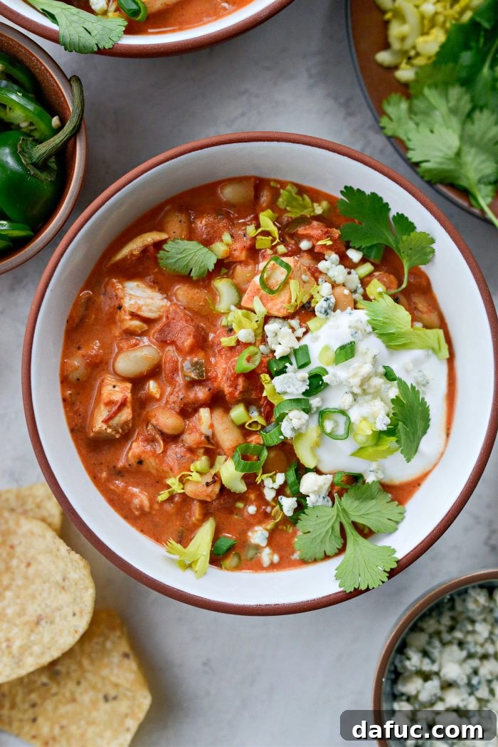 Zesty Buffalo Chicken Chili 19 Another perspective of a bowl of Buffalo Chicken Chili with fresh toppings