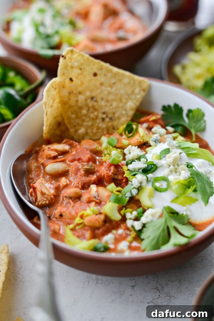 Zesty Buffalo Chicken Chili 20 Buffalo Chicken Chili ready to be enjoyed with tortilla chips