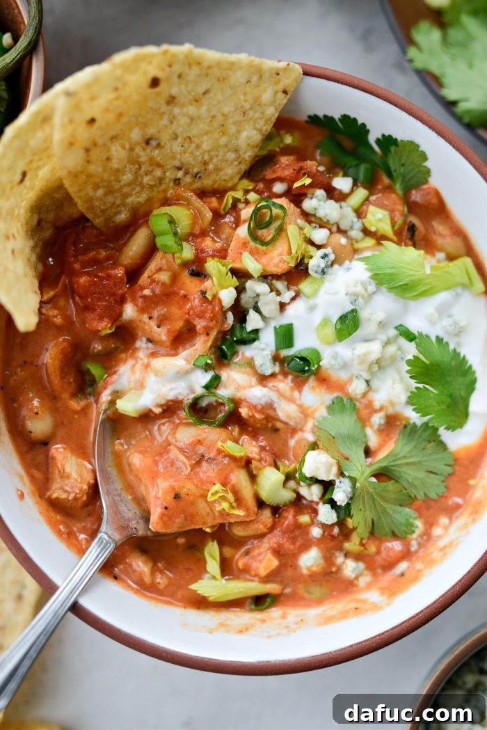 Zesty Buffalo Chicken Chili 22 Overhead shot of Buffalo Chicken Chili, emphasizing its inviting texture