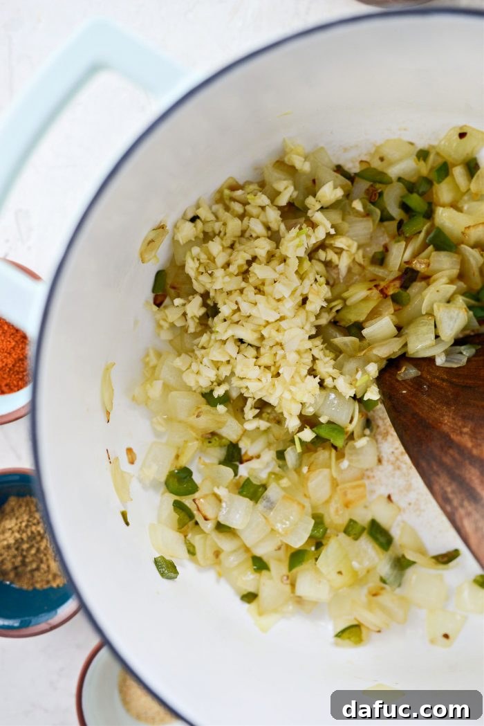Zesty Buffalo Chicken Chili 7 Minced garlic added to the sauteed vegetables