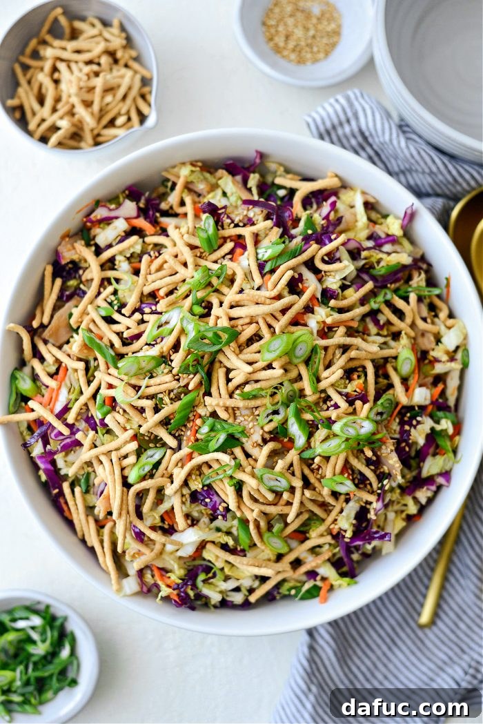 Crunchy Asian Chicken Salad 11 Plated Chinese Chicken Salad topped with crispy noodles and sesame seeds, ready to be served