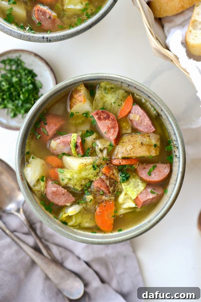 Kielbasa Potato Leek Soup in a bowl