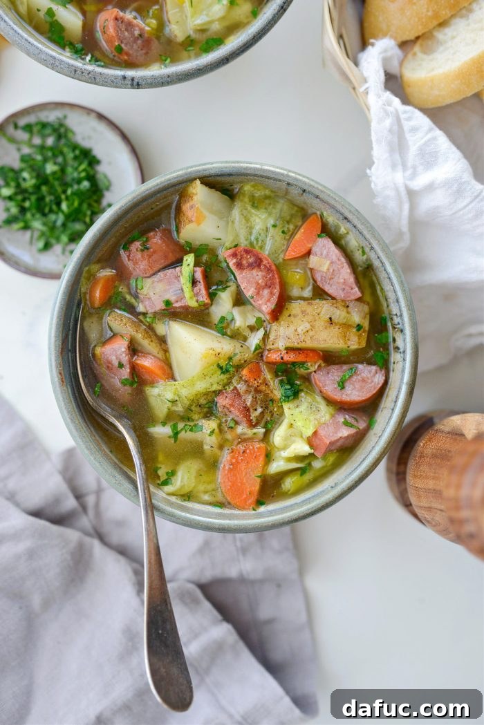 Kielbasa Potato Leek Soup, garnished with parsley