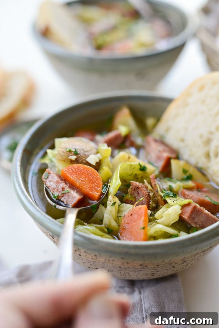 Kielbasa Potato Leek Soup, close up