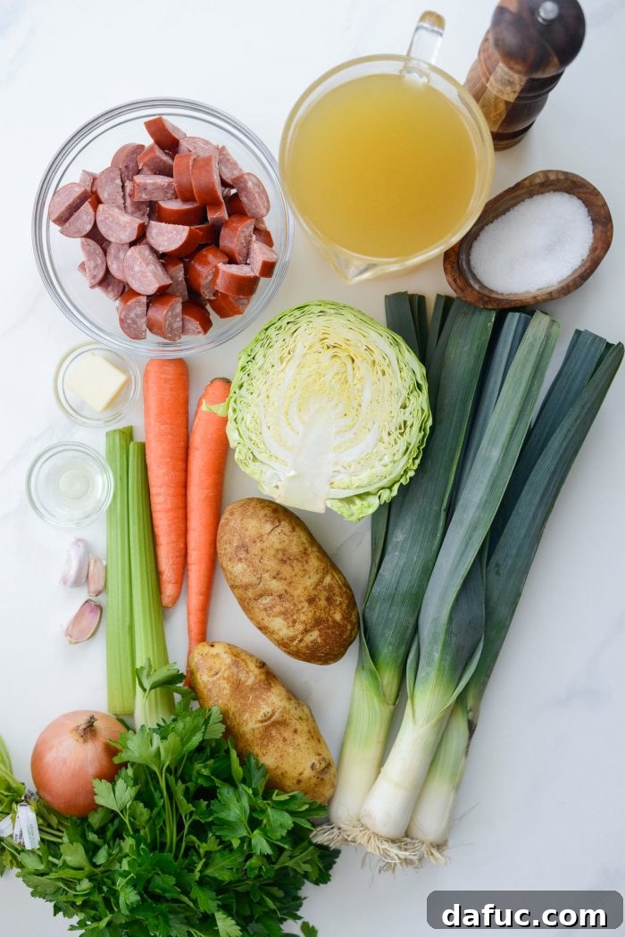 Ingredients for Kielbasa Potato Leek Soup laid out