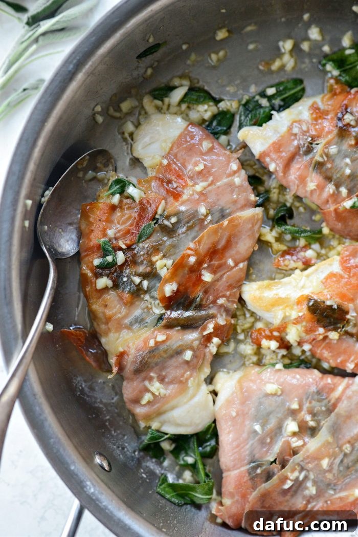 Finished plate of Garlic Prosciutto Sage Chicken ready to serve