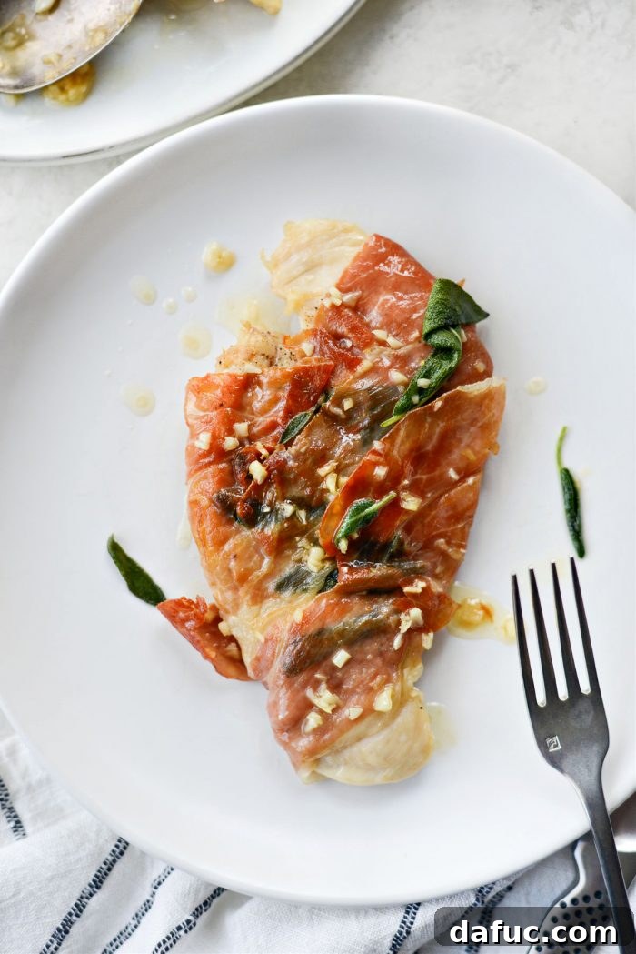 A final, mouth-watering shot of Garlic Prosciutto Sage Chicken