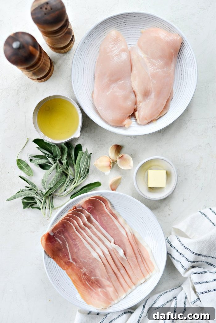Ingredients for Garlic Prosciutto Sage Chicken laid out on a table