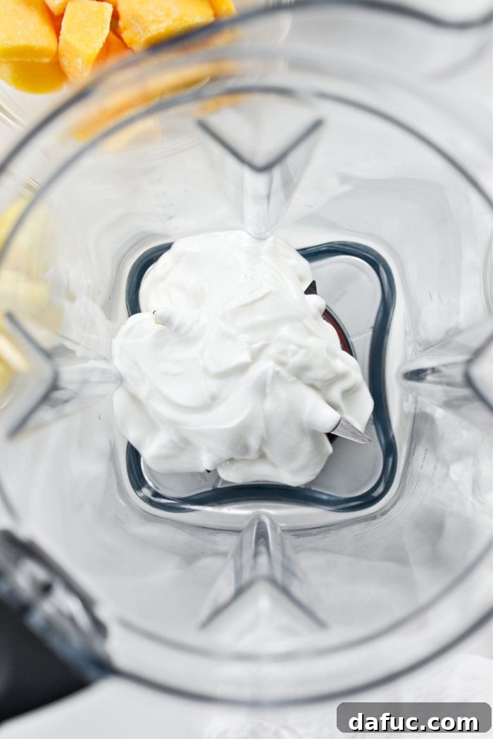 Liquid Sunshine Mango 6 Half a cup of plain nonfat Greek yogurt being added to a blender jar, showing the initial step of the recipe.