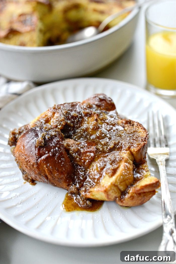 Caramelized Brown Sugar Baked French Toast 20 Close-up of a slice of Baked Brown Sugar French Toast