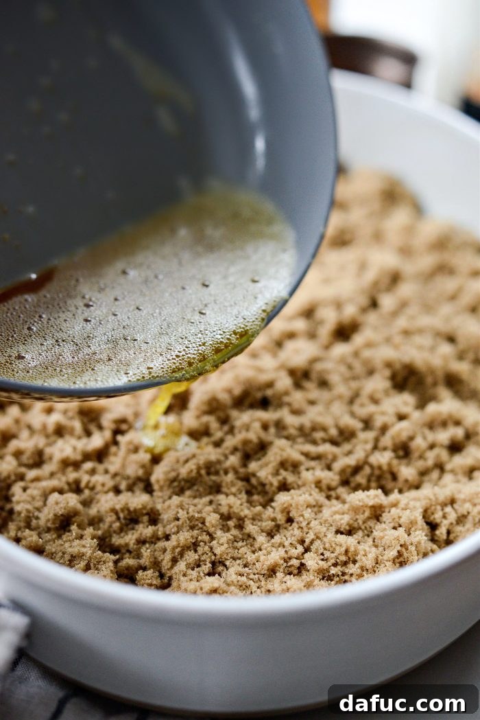 Caramelized Brown Sugar Baked French Toast 7 Pouring brown butter over brown sugar in baking dish