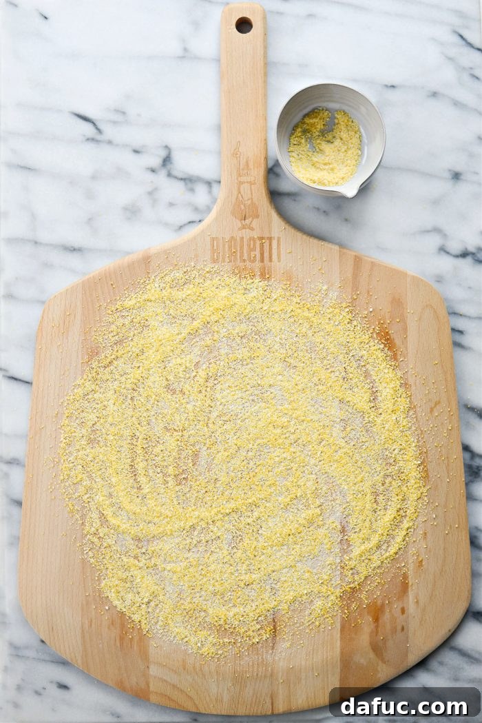 Pizza peel dusted generously with cornmeal for easy pizza transfer