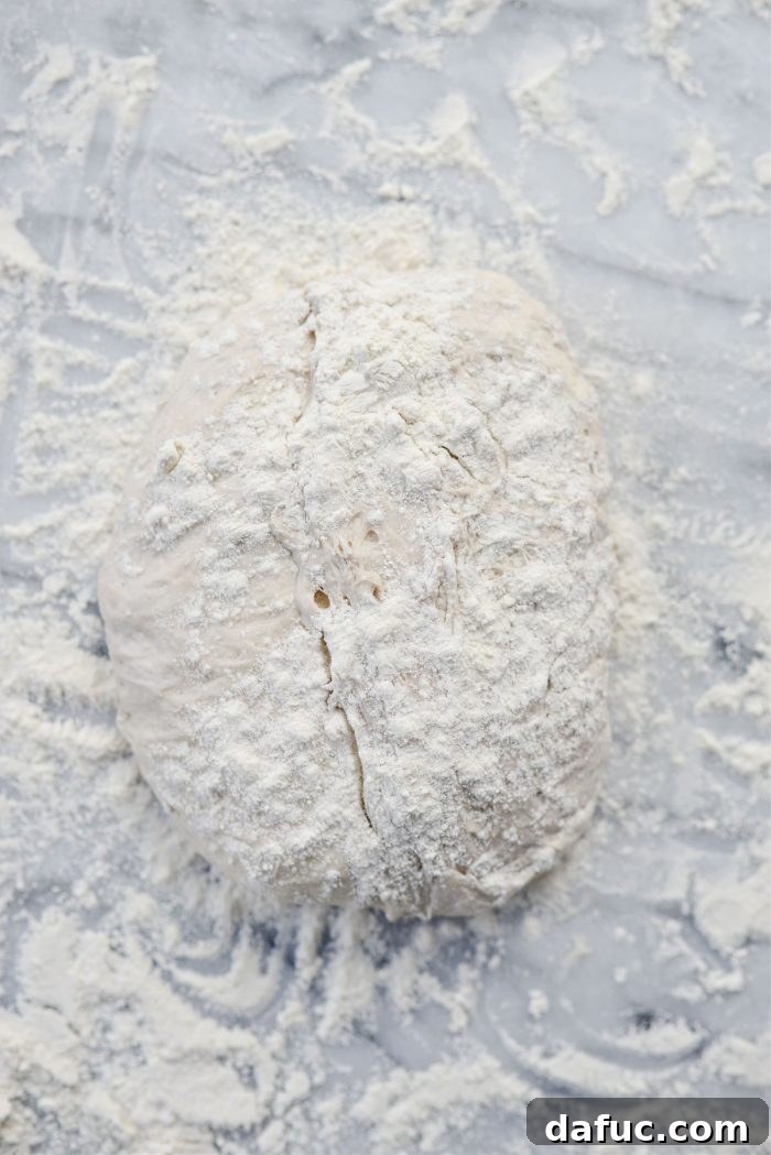 Pizza dough transferred to a floured surface