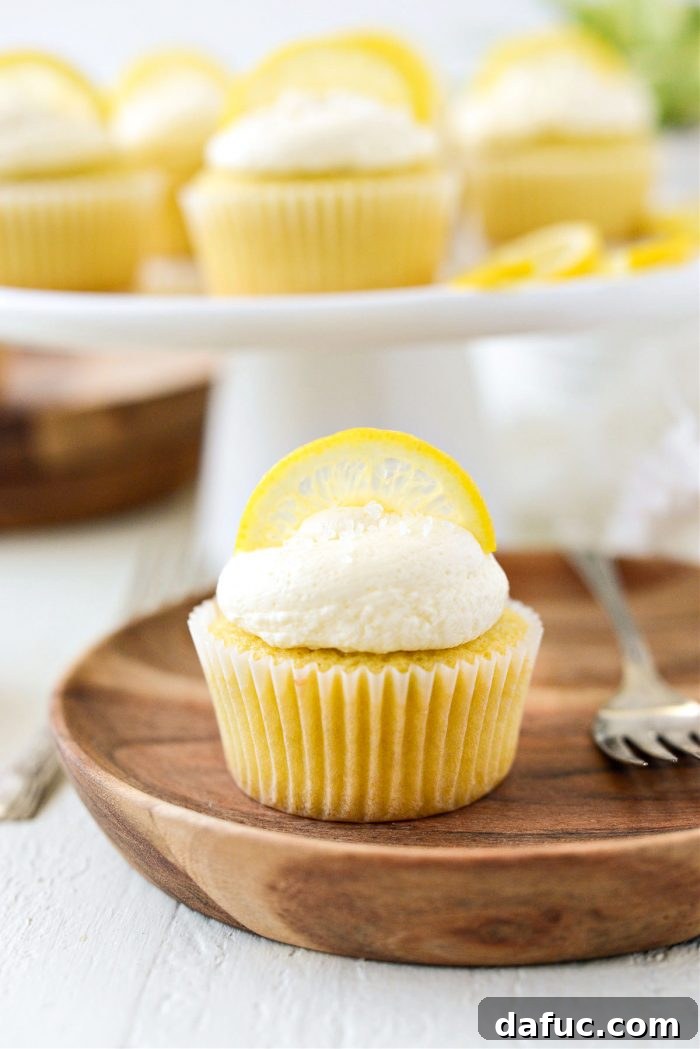 Tangy Lemon Cupcakes with Velvety Frosting 2 Bright and zesty lemon cupcakes topped with generous swirls of homemade lemon buttercream frosting