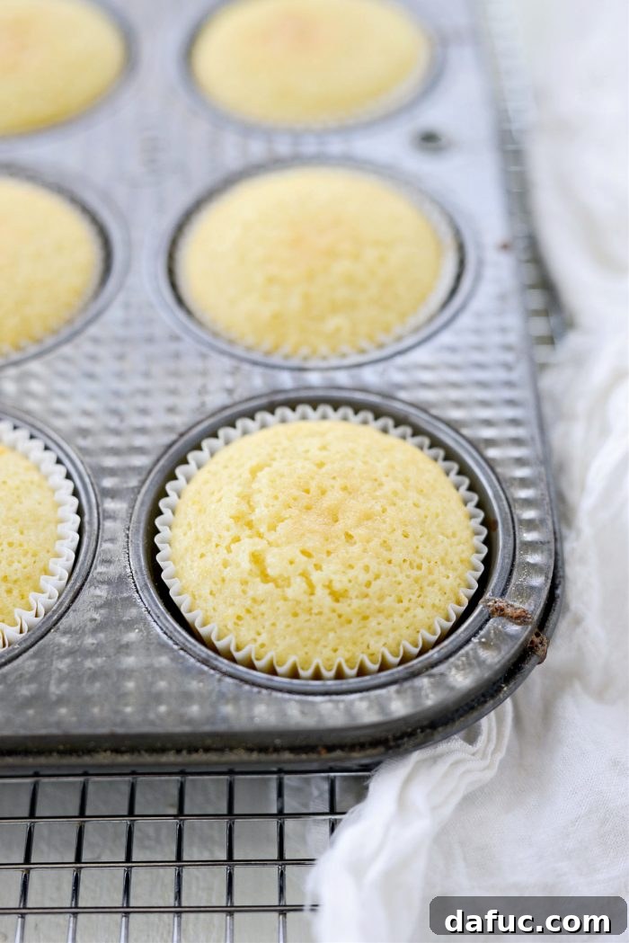 Tangy Lemon Cupcakes with Velvety Frosting 10 Freshly baked lemon cupcakes, golden brown and puffed, cooling in a muffin tin