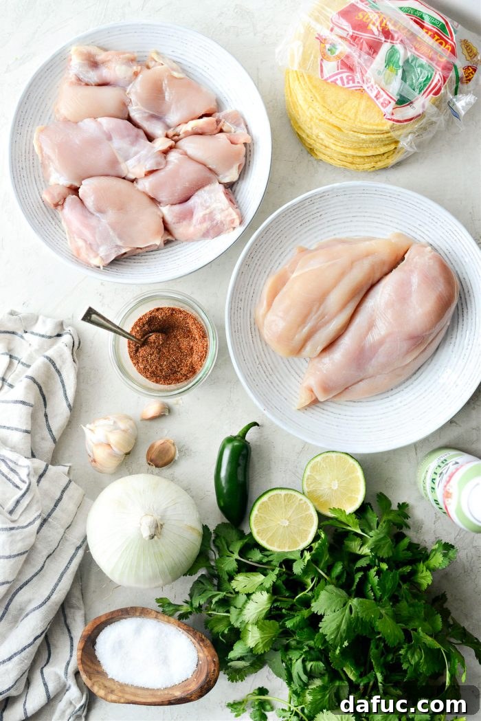 A selection of fresh ingredients including chicken, onions, jalapeños, cilantro, and limes for street tacos
