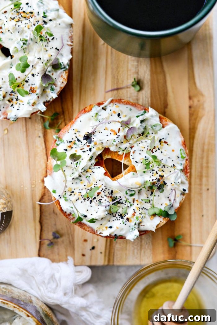 Sweet & Spicy Bagel with Zesty Chive Cream Cheese 2 Honey Sriracha Toasted Bagel, ready to be enjoyed