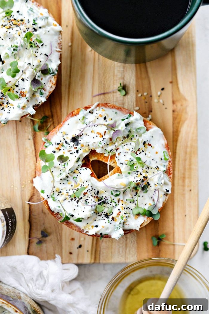 Sweet & Spicy Bagel with Zesty Chive Cream Cheese 16 Honey Sriracha Toasted Bagel garnished with micro greens